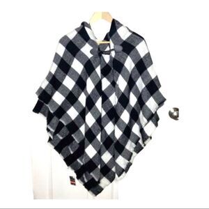 Check Plaid Shawl Poncho Black White New Hooded